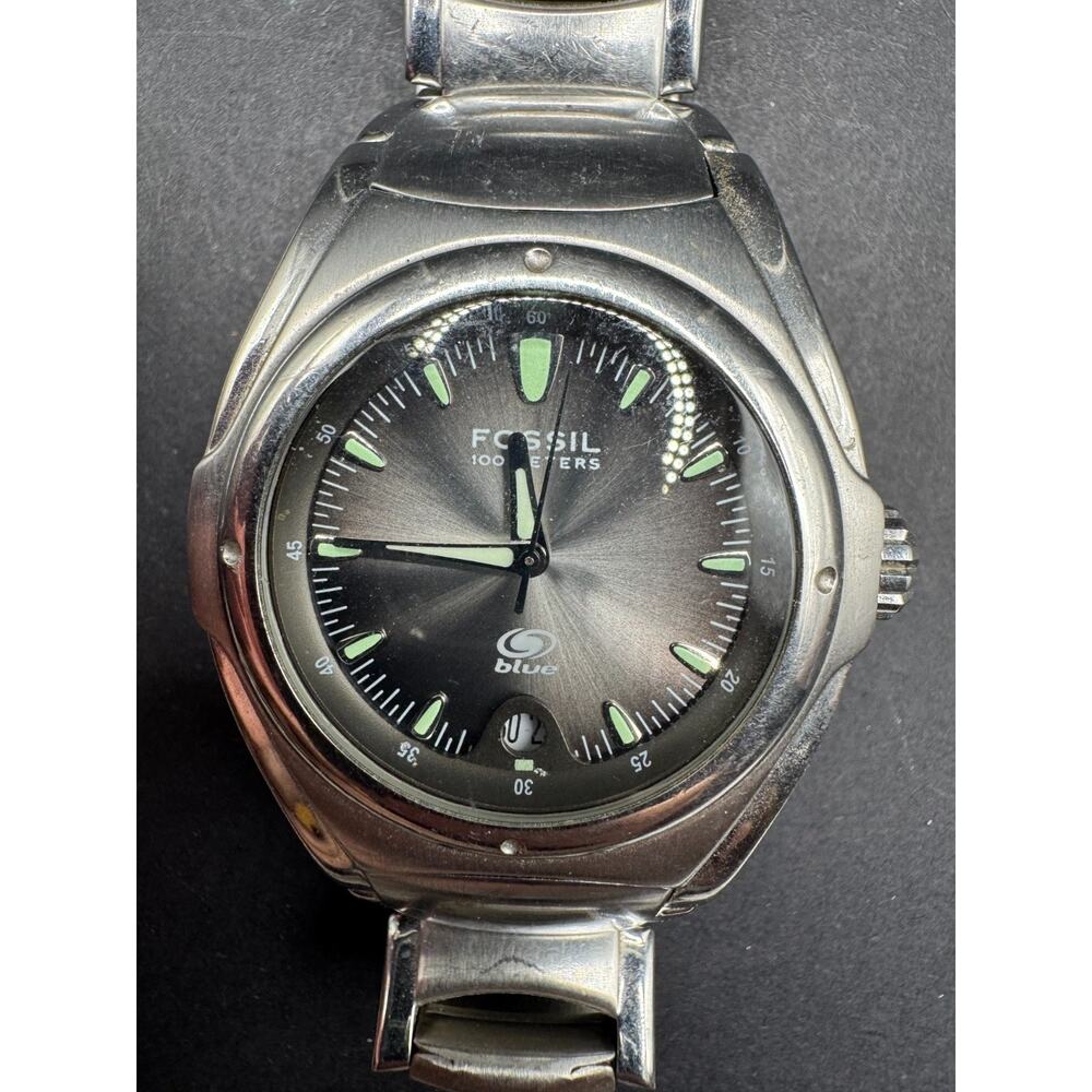 Fossil Blue Silver Tone Watch Water Resistant 100 Meters AM3747 Black Dial